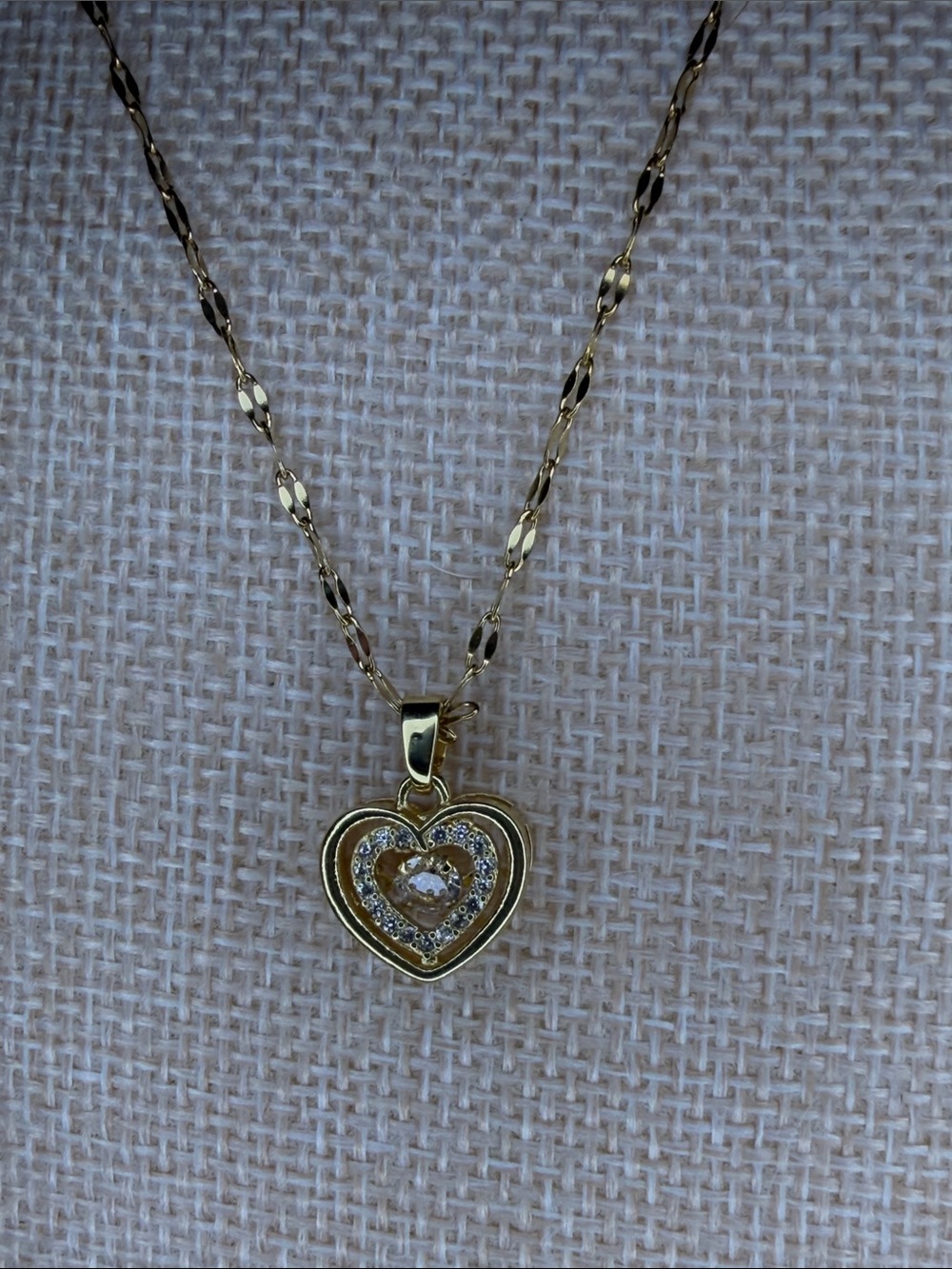 Goldtone Heart Pendant Necklace with Central Crystal